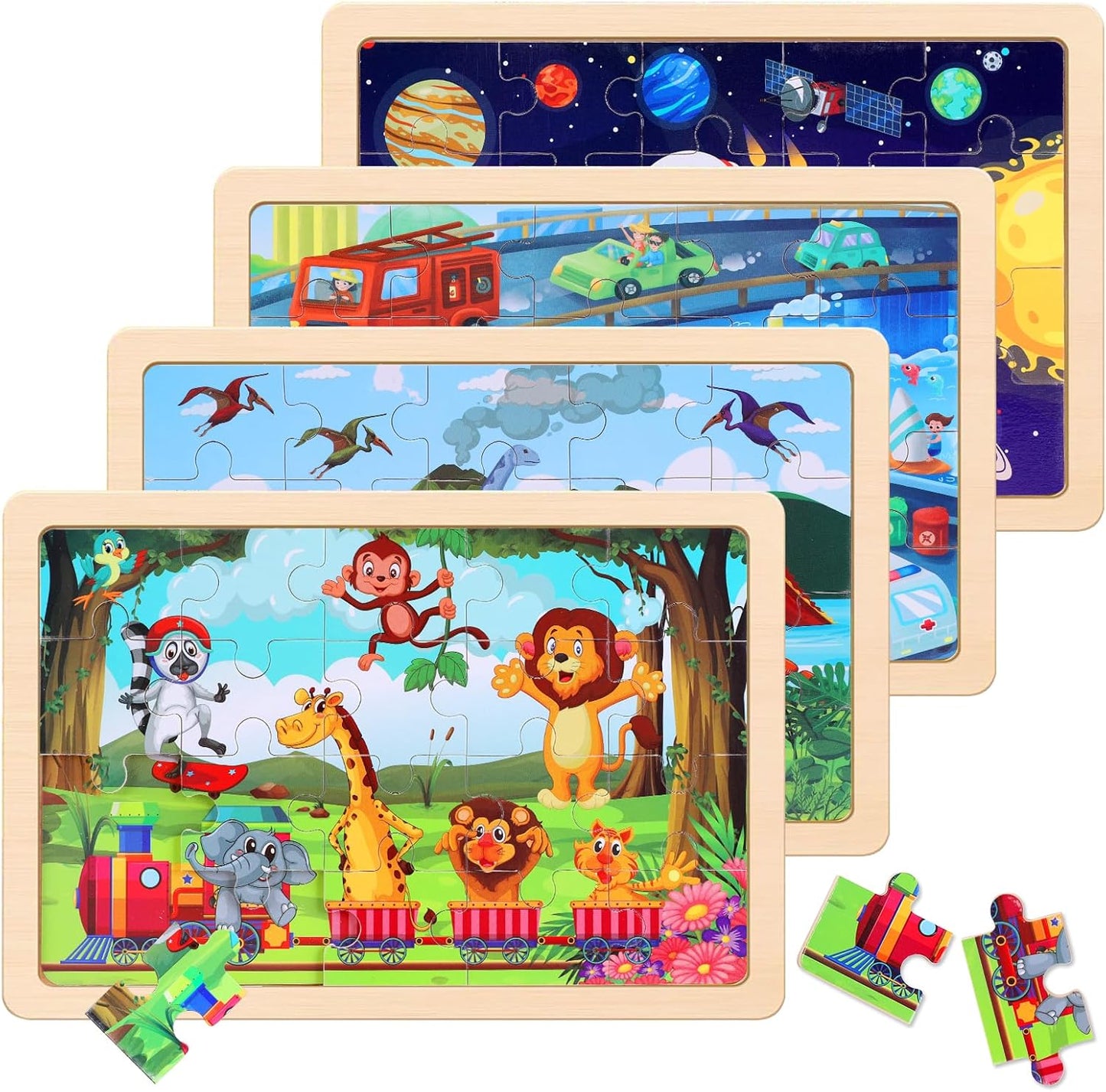 Wooden Educational Jigsaw Puzzles for Preschool Kids Ages 3-5, 4-Pack with 20 Pieces Dinosaur, Space, Transportation Wood Puzzles Set, Toddler Brain Teaser Toys, Gifts for Boys Girls Ages 3 4 5 6