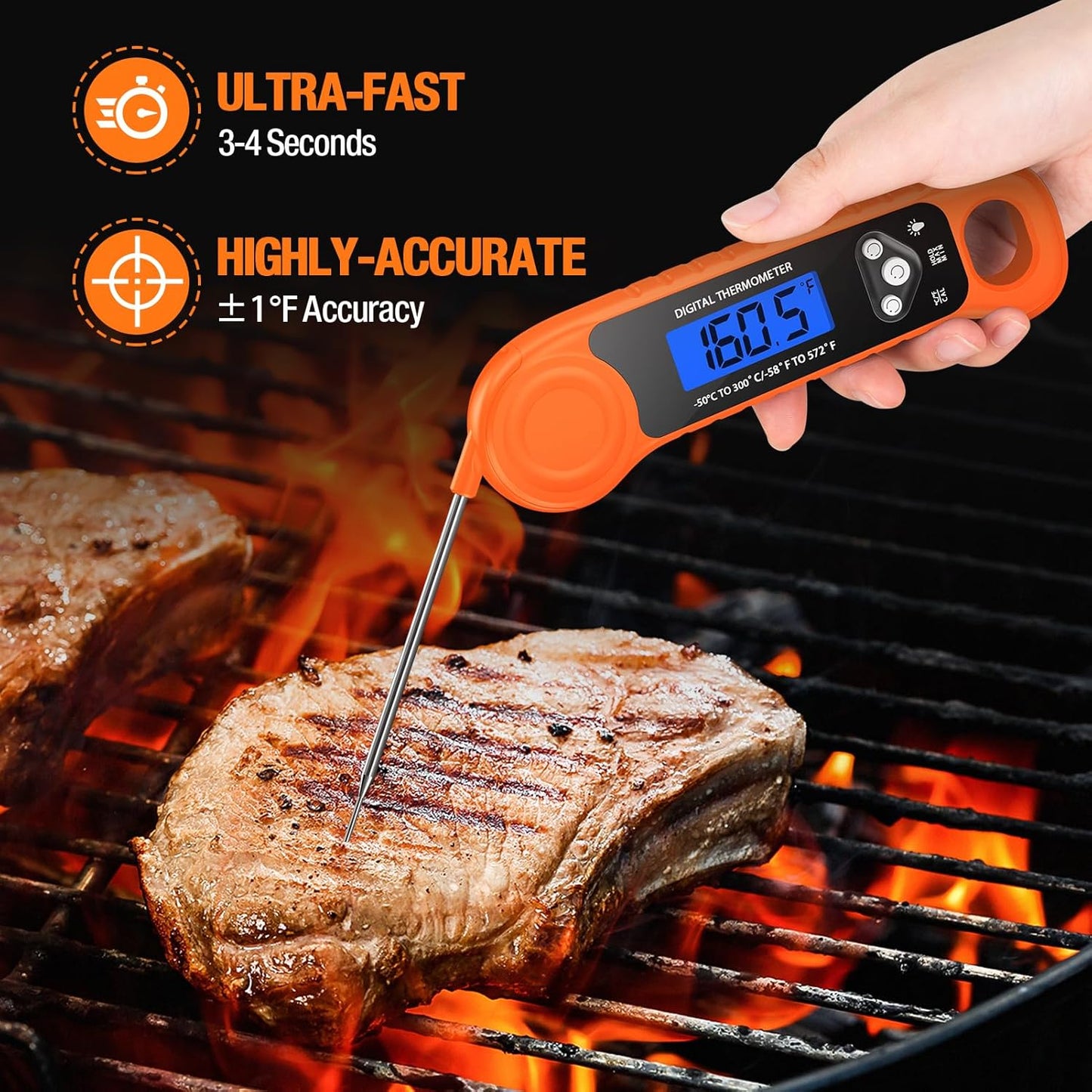 Digital Meat Thermometer for Grilling, Candy Thermometer Instant Read Food Thermometer Waterproof with Backlight for Cooking, Deep Fry, BBQ, Grill, Smoker and Roast (Orange)