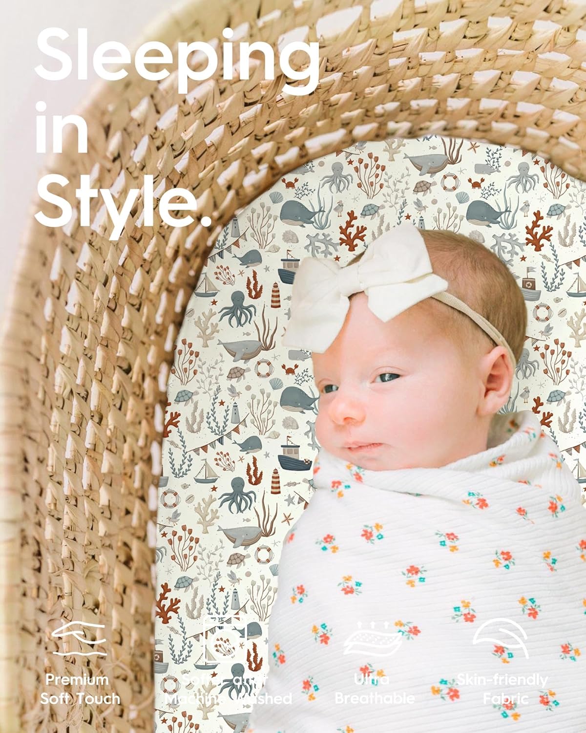 Bassinet Sheets for Baby Boy Girl, TotBasic Buttery Soft Universal Bassinet Fitted Sheet, Compatible with Halo, Mika Micky, Baby Delight, Dream On Me, Maxi COSI and More Bassinet Mattress(Dino&Whale)