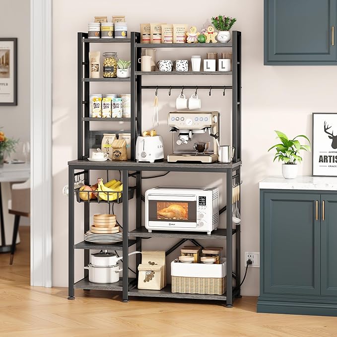 Baker Rack with Power Outlet - Microwave Stand with Storage, Large Coffee Bar Station with 14 Hooks, Metal Kitchen Shelf Rack for Spices, Pots (Rustic Grey)