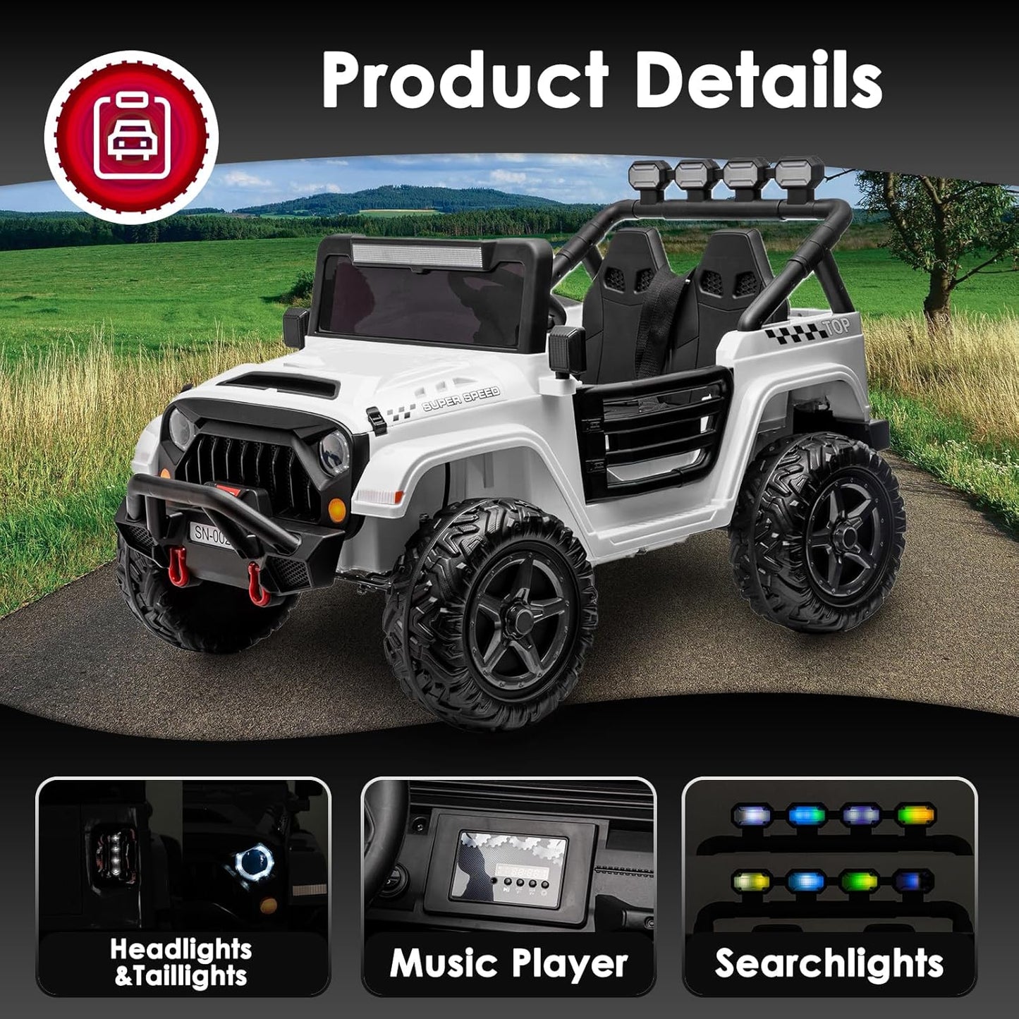24V 2 Seater Ride On Truck with Remote Control 4WD Electric Car for Kids Ride On Car Battery Powered Ride On Toy Car with Music Player, LED Lights, Bluetooth, Rear Shock Absorber, White