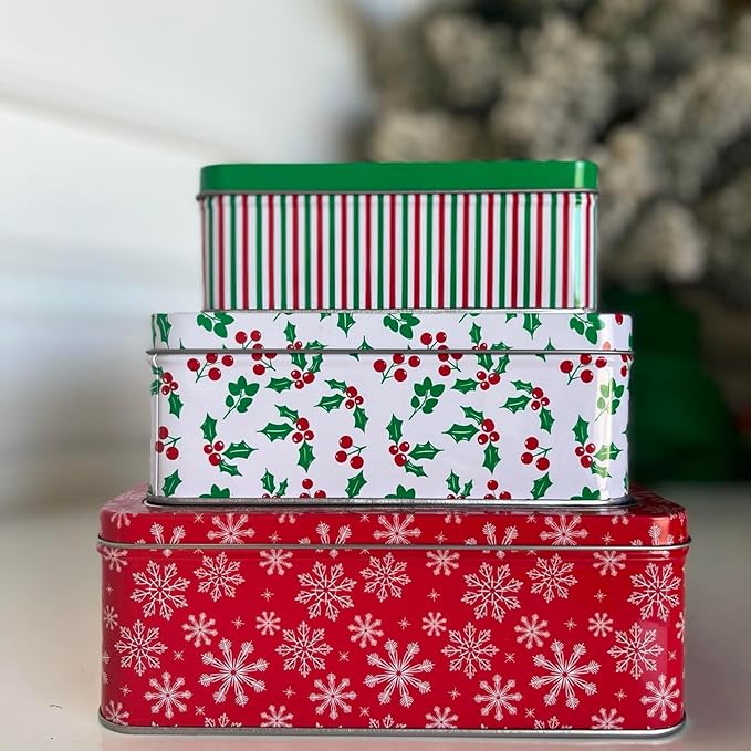 Steel Mill & Co Square Tin Containers with Lids, 3 Pack Christmas Cookie Tins, Festive Cookie Tins for Gift Giving & Holiday Treats, Metal Box Nesting Containers, Large Medium Small, Snowflake