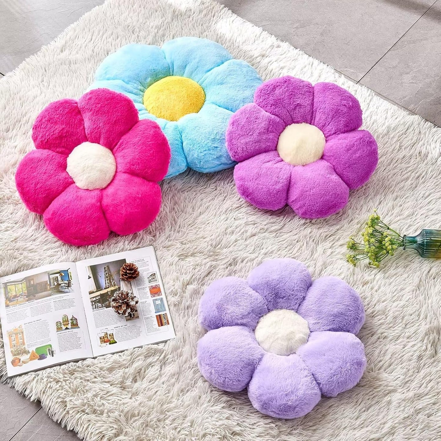 Purple Flower Plush Throw Pillow, Cute Decorative Flower Shaped with Faux Rabbit Fur, 19.6" Soft Throw Pillow for Bedroom Living Room