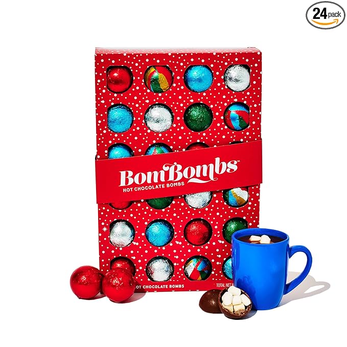 Bombombs, Hot Chocolate Bomb Gift Set, 5 Flavors in Colorful Wrappers; Fudge Brownie, Caramel Candy, S'Mores, Cookies & Cream, & Peppermint, Set of 24
