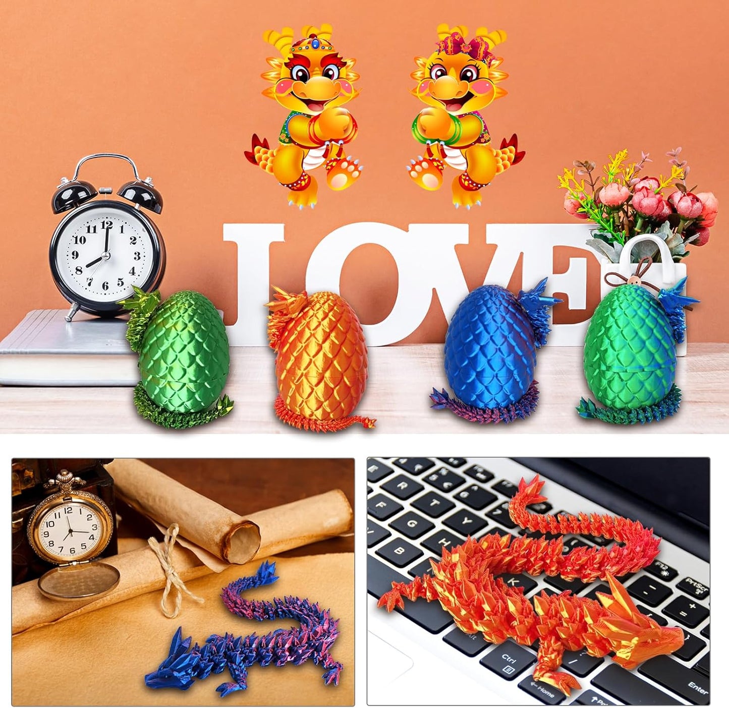 3D Printed Dragon Egg, 3D Printed Articulated Dragon Eggs with Dragon Inside, Crystal Dragon Fidget Toy, Adults Fidget Toys, Mystery Dragon Egg for Autism and ADHD（Laser Green）