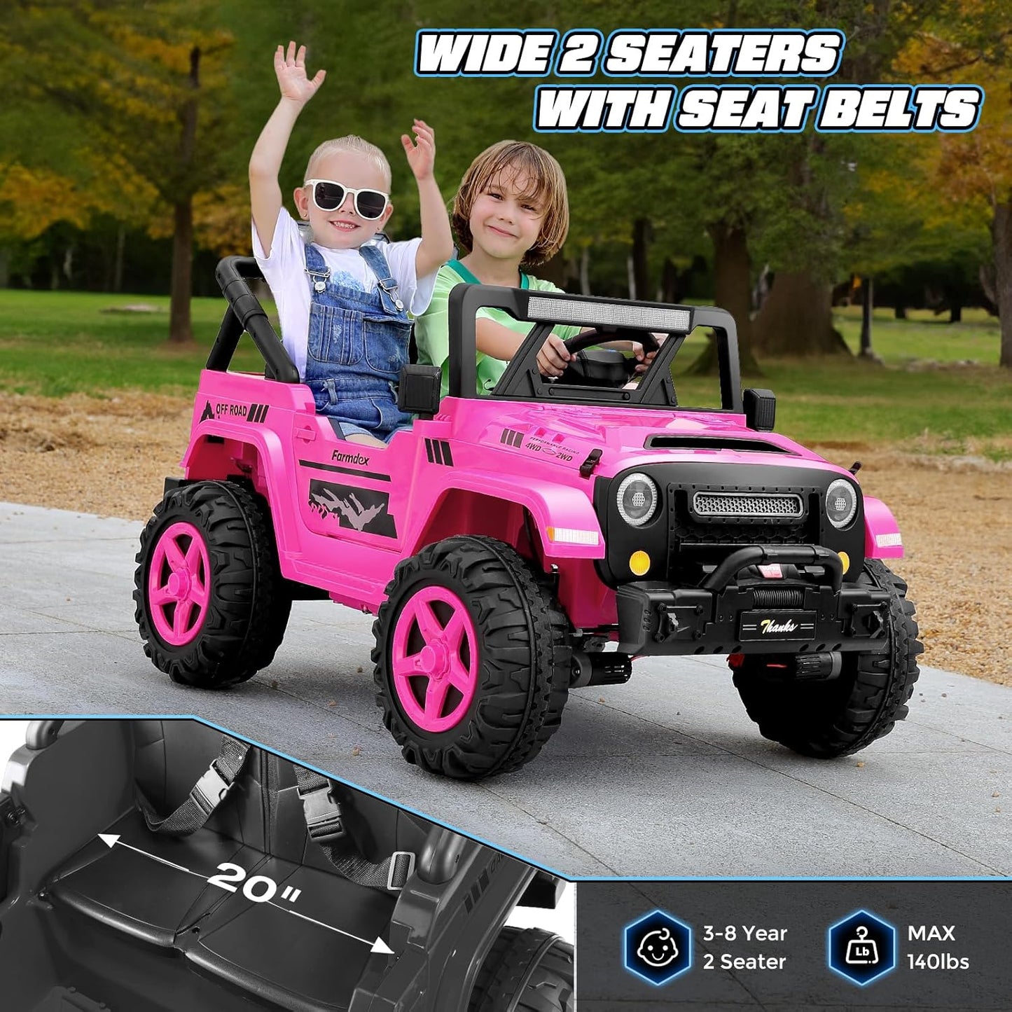 Hikole 24V 2 Seater Ride on Cars for Kids - Remote Control, 20" Spacious Seat, 4WD/2WD Switchable Electric Car with LED Lights, Bluetooth, 3 Speeds, Ride on Toys for Kids 3-8, Hot Pink