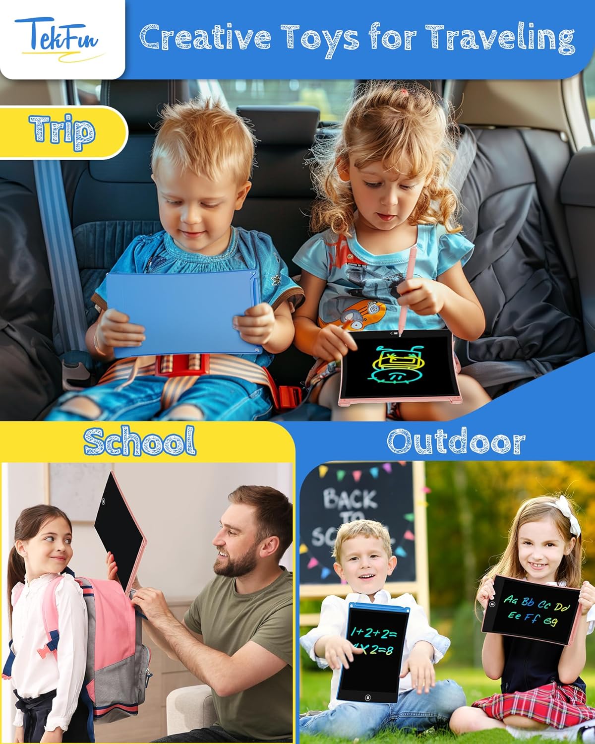 TEKFUN 8.5in 2 Pack LCD Writing Tablet for Kids Coloring Doodle Board Magic Drawing Pad for Kids with Anti-Lost Stylus, Car Trip Educational Toys Birthday Gift for 3 4 5 6 7 Kids Girls Boys Toddlers