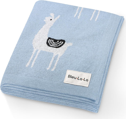 Baby Receiving Swaddle Stroller Blanket - 100% Fine Loomed Cotton Cozy Cuddle Crib Stroller Unisex Quilt Knit Blanket for Newborns Infants Toddler Boys and Girls (Llama - Baby Blue)