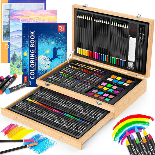 Art Supplies, iBayam 150-Pack Deluxe Wooden Art Set Crafts Drawing Painting Kit with 1 Coloring Book, 2 Sketch Pads, Creative Gift Box for Adults Artist Beginners Kids Girls Boys