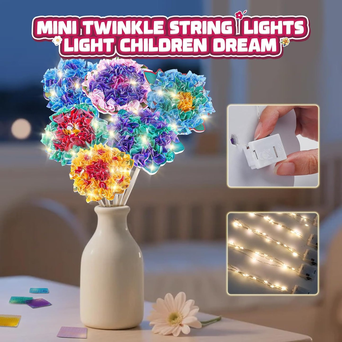 Flower Bouquet Art Craft Kit, Poke DIY Creative Activity Kit with with 6 Flowers & 6 Light Strings, Mess-Free Fun for Girls & Boys, Fun & Educational Kids Craft Gift for Girls Boys Ages 4, 5, 6, 7, 8+