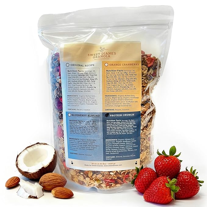 Sweet Diane’s Granola – Family Size (36 oz) Protein Crunch Organic Granola, Low-Sugar, High-Fiber, Gluten-Free, Vegan, Delicious Breakfast and Snack Topper