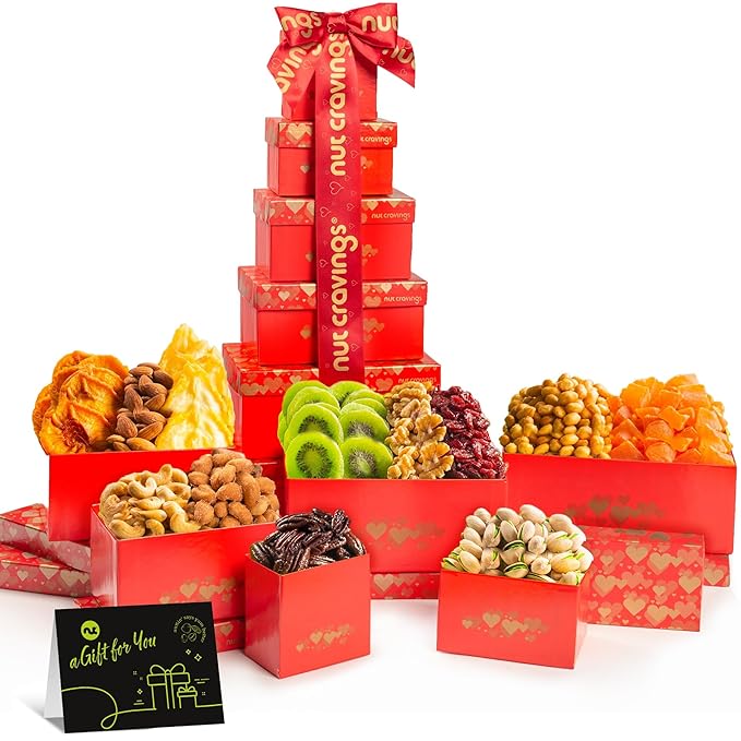 NUT CRAVINGS - Thanksgiving Dried Fruit & Mixed Nuts Gift Basket Red Tower + Heart Ribbon (12 Assortments) Holiday Xmas Christmas Food Arrangement, Healthy Snack Care Package