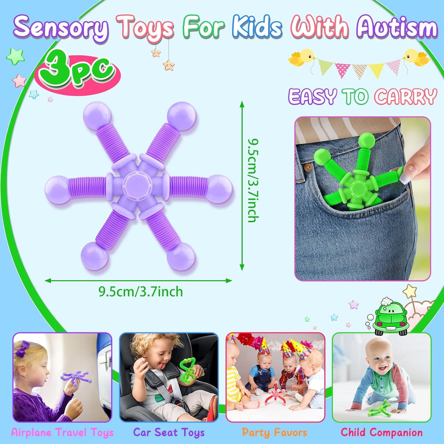 Cevioce Fidget Toys for Kids Adults, 3Pc Fidget Spinner Toys, Sensory Toys for Kids, Easter Basket Stuffers Presents, Pop Tubes Fidget Spinner - Top Stress & Anxiety Relief Sensory Toy(B)