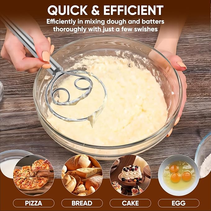 Maxjoy Danish Dough Whisk Stainless Steel Hook Dutch Style Bread Mixer for Sourdough Making Tool