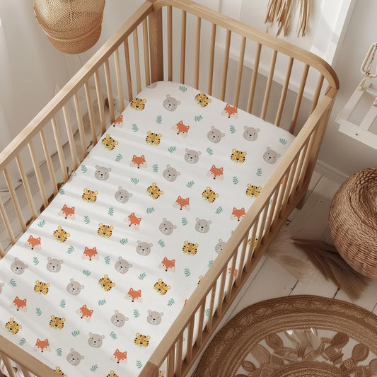 Organic All in One Crib Sheet and Mattress Protector - Waterproof Protectors - Reusable Washable – Fits Cribs – 52”x28”- with 9” Skirt Tiger Bear Fox