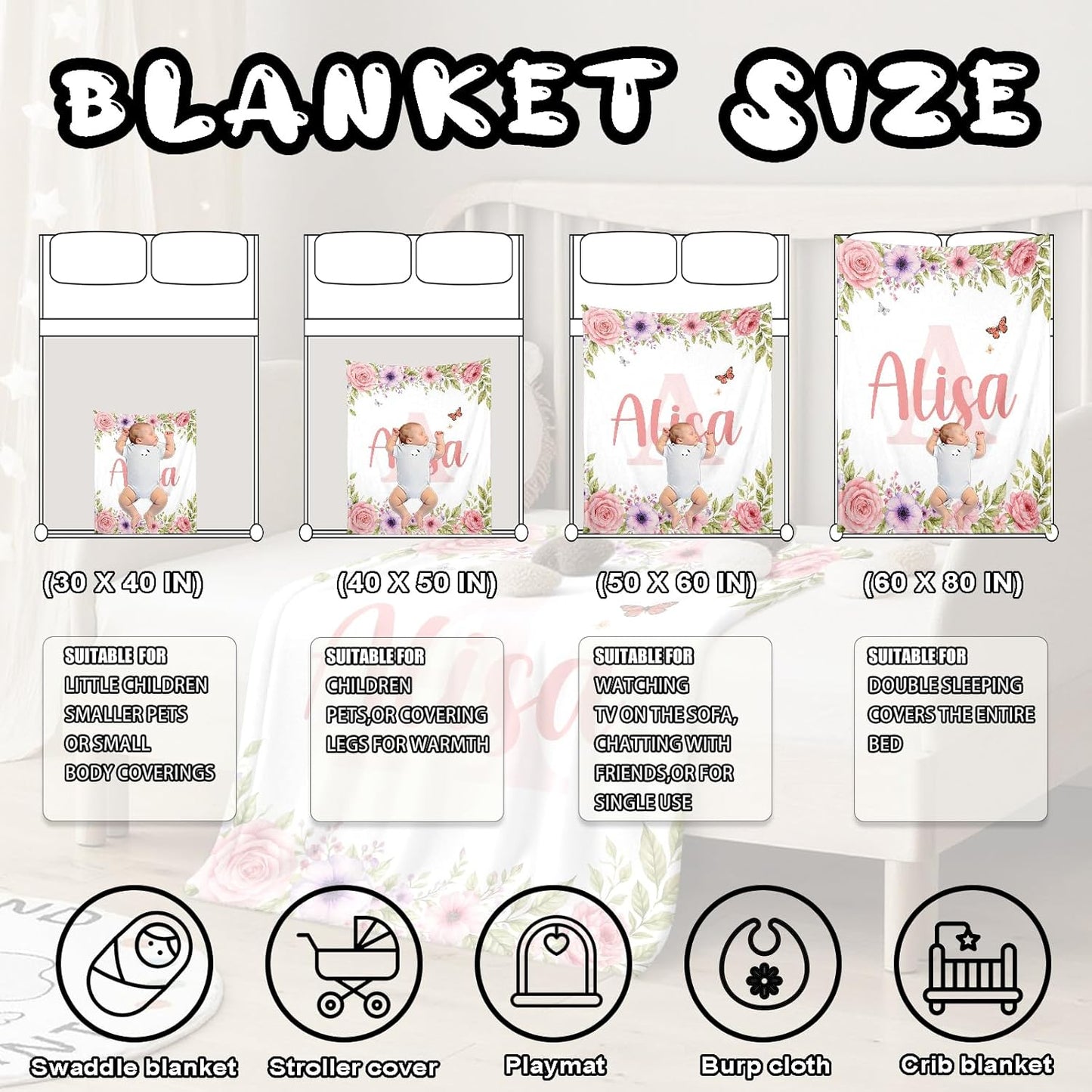 Ship Next Day, Personalized Baby Blanket – Printed in USA, Custom Baby Blanket for Boys & Girls, Baby Blanket with Name, Baby Shower, Easter, Christmas, Birthday Newborn & Toddler Gifts, Baby Gifts