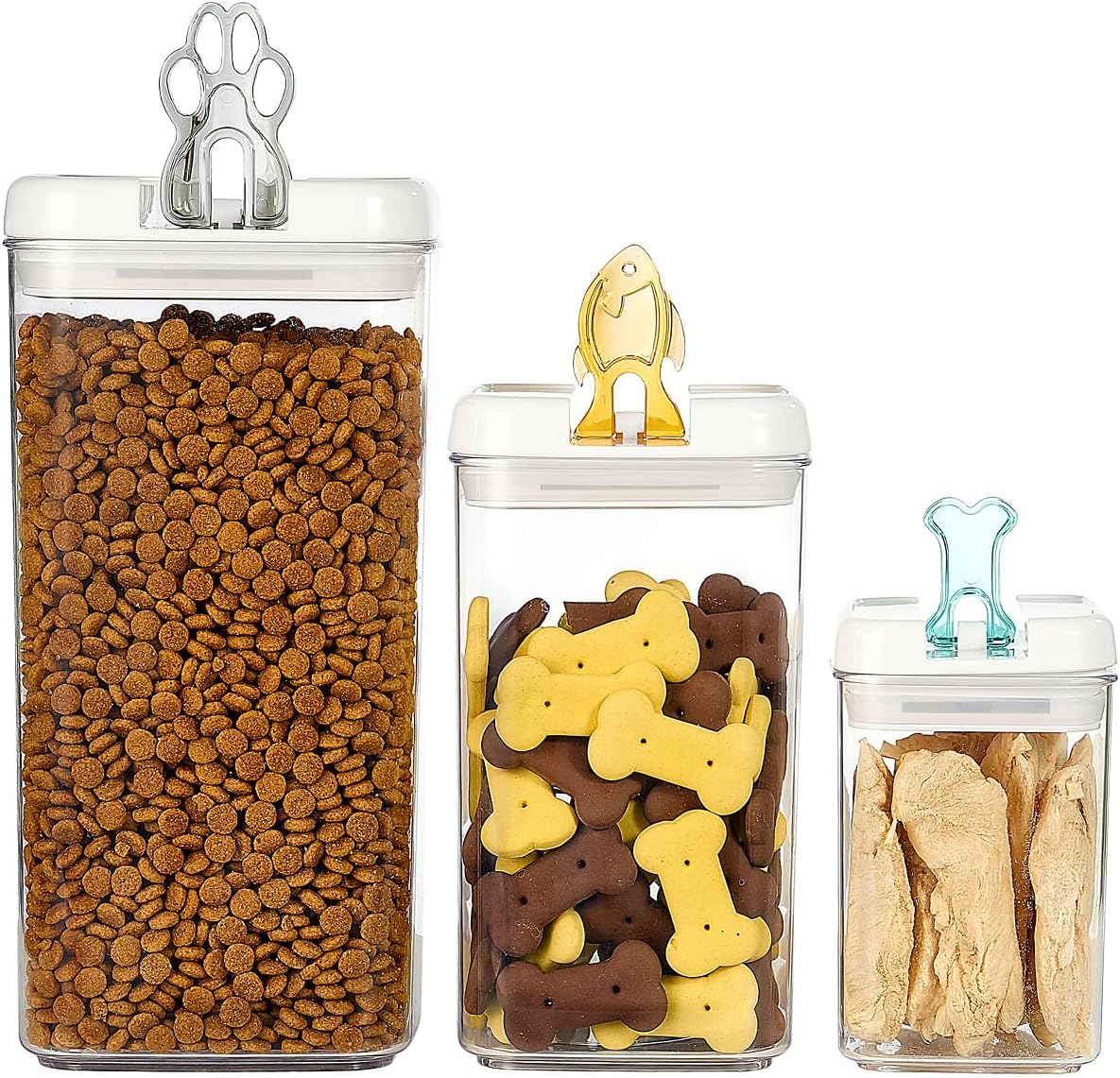 Felli Flip Tite Pet Food Container with Airtight Lids, BPA FREE Acrylic Canister with Paw Bone Fish Flip Top Handles for Cat Dog Kibble Treats Storage, Keep Fresh (Pet Collection Nest-L3pk)