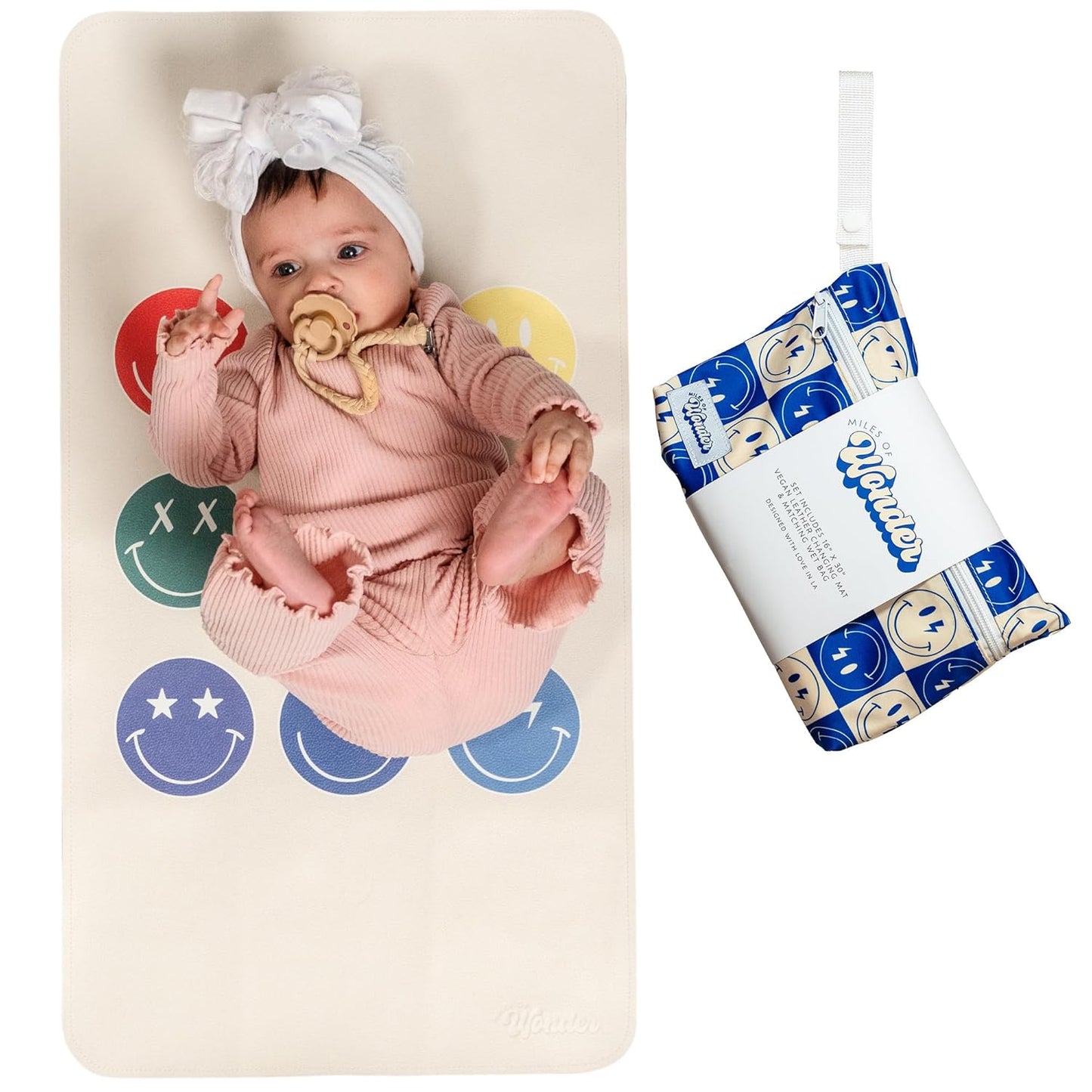 Leather Changing Mat with Reusable Waterproof Wet Bag, (16 x 30 Inches) Baby Changing Mat, Non-Toxic Changing Pad Portable Folds and Wipes Clean, Baby Changing Pad Travel (Smiley Face)