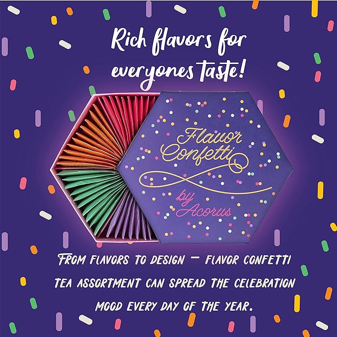 ACORUS | Flavor Confetti Tea Assortment | Natural Fruit and Herbal Tea Gift Set | Celebrate with 6 Different Flavors | Large Selection Tea Set | Tea Box For Various Occasions - 60 Tea Bags
