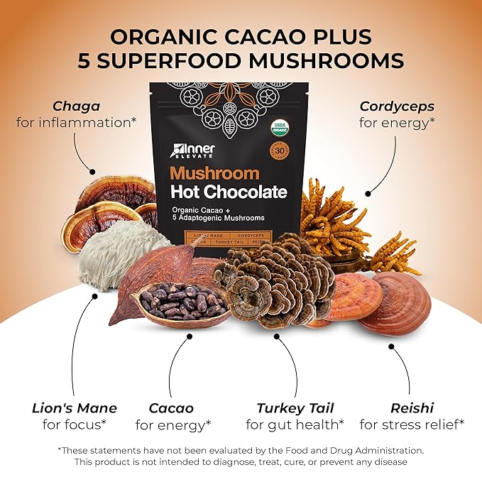 Inner Elevate Organic Mushroom Hot Chocolate - Ceremonial Cacao with 5 Adaptogenic Mushrooms - Great as a Coffee Alternative, Hot Chocolate, or Smoothie (30 Servings)