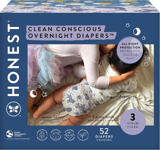 The Honest Company Clean Conscious Overnight Diapers for Sensitive Skin | Hypoallergenic, Fragrance Free | Cozy Cloud + Star Signs | Club Box, Size 3 (16-28 lbs), 52 Count