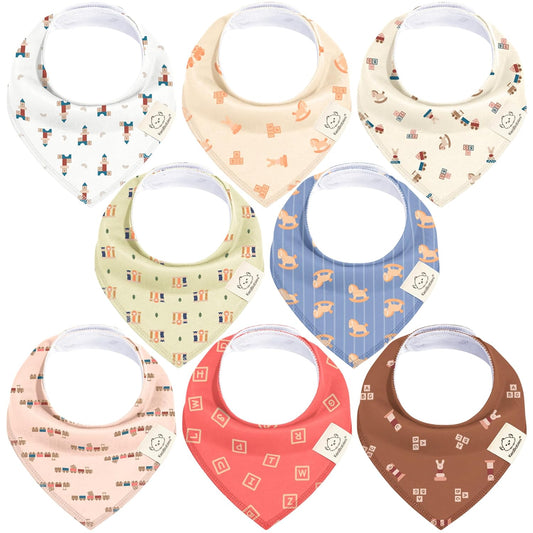 8-Pack Organic Baby Bandana Bibs for Boys, Girls - Super Absorbent Triangle Baby Bibs for Drooling and Teething Infant, 100% Cotton Extra Soft for Newborn, Infant 0-36 Months (Toy Land)