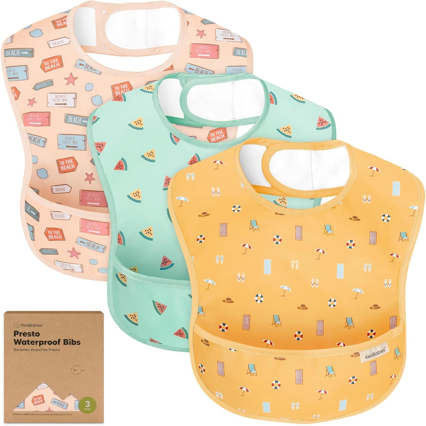 3-Pack Waterproof Baby Bibs for Eating - Lightweight Toddler Feeding Bibs with Large Food Catcher, Mess Proof, Food-Grade Baby Eating Essentials, Easy to Put On & Clean (Beach Day)