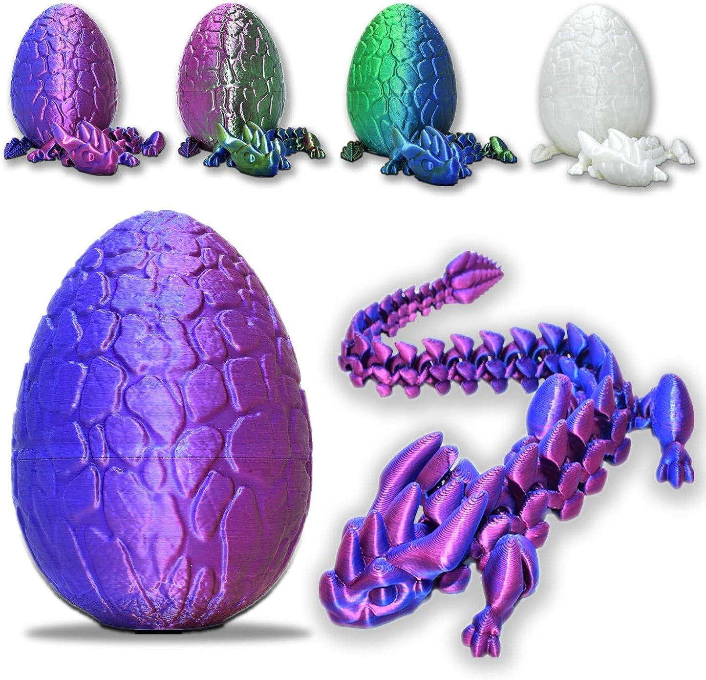 Dragon Eggs with Dragon Inside, 12" Full Articulated 3D Printed Dragon Fidget Toys, Home/Office Decor Executive Desk Toys Xmas/Easter Gift for Kids Dragon Lovers (Purple/Blue)