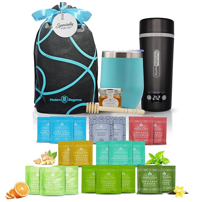 Tea Gift Set with Kettle – 26 -Piece Sampler for Women & Men, Insulated Mug, Assorted Organic Hrny & Sons Teas, Pure Honey & Accessories (Teal+Kettle - Hrny)