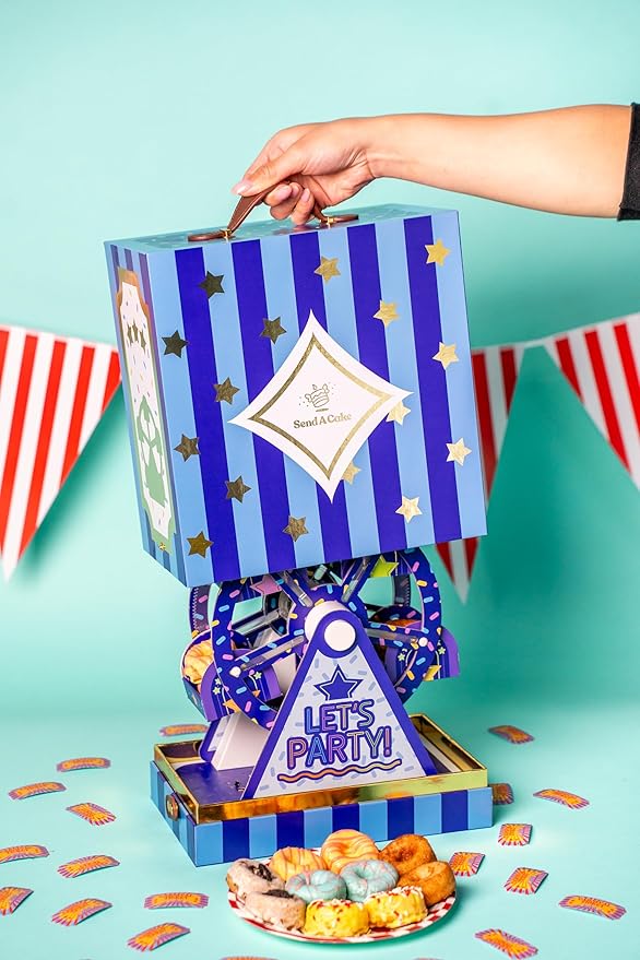 Party Time Mini Donut Ferris Wheel Box by Send A Cake – Ready to Gift, No Assembly Needed – 10 Mini Cake Donuts, Spins, Lights & Music – Fun Birthday & Celebration Gift for Women, Men, Adults, Kids