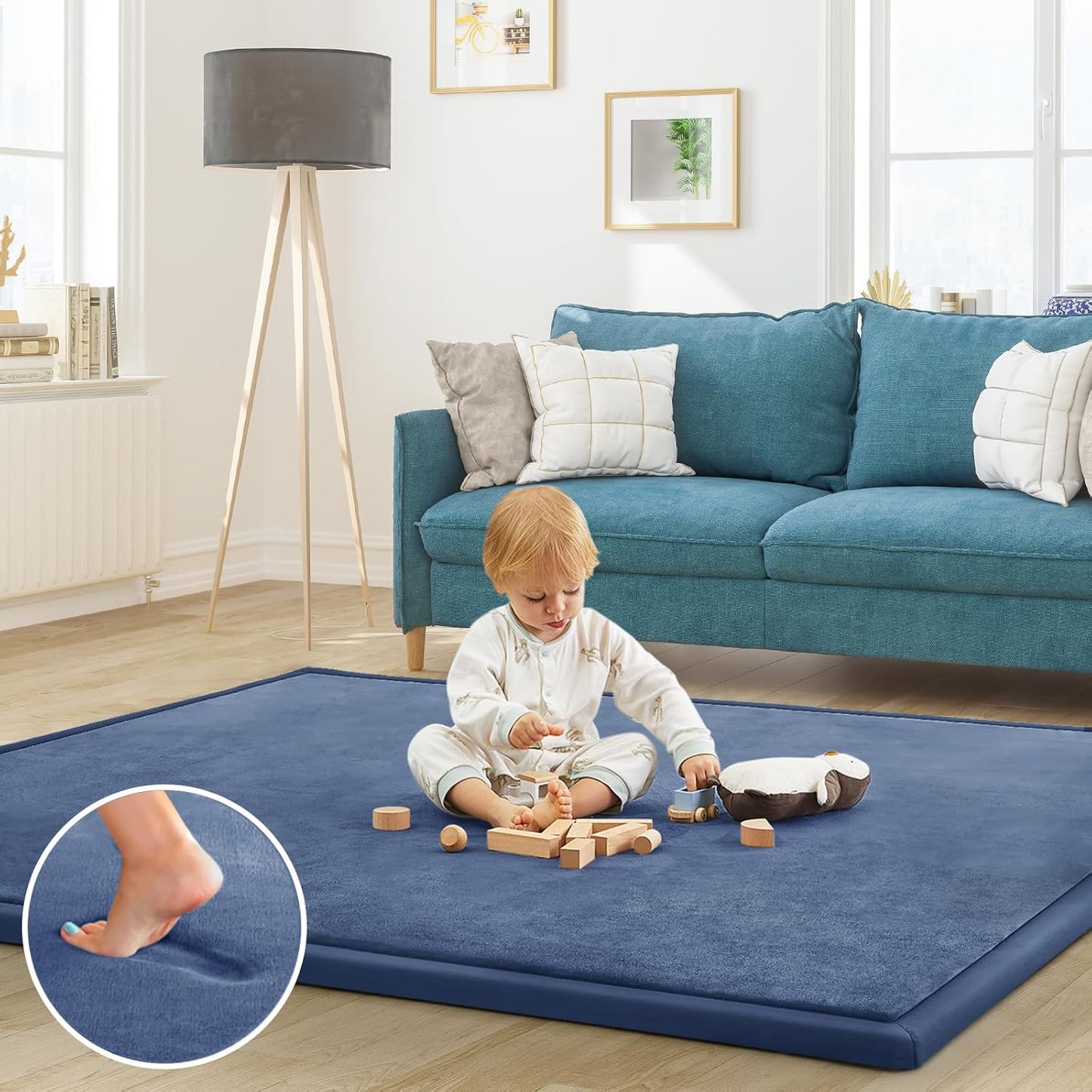 Baby Play Mat 1.2" Thick Memory Foam Nursery Rug Area Rug, 6’7” X 6’7” Yoga Mat Playmat Crawling Mat for Baby,Toddlers,Infants,Kids,Floor Mat Tatami Mat for Living Room with Non-Slip(Blue)