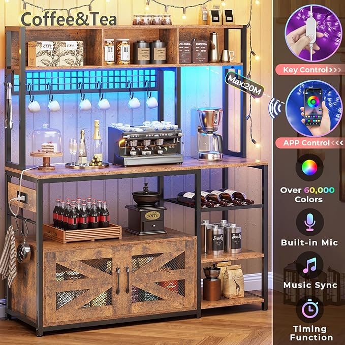 Itaar 47.2 Inch Bakers Rack with Power Outlet, Microwave Stand with Storage, Farmhouse Coffee Bar Cabinet Station with Wine Rack, Iron Grid and 8-S Hooks (Rustic Brown)