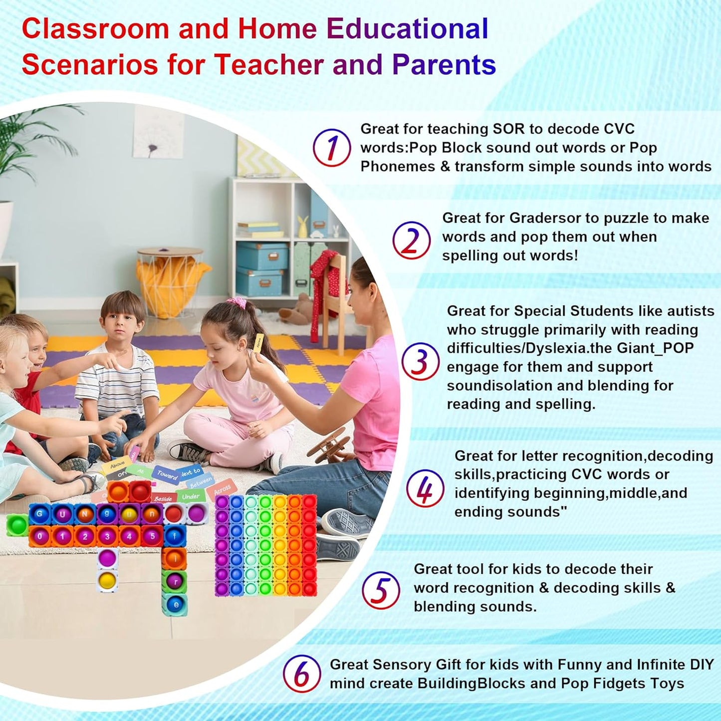 Lowercase Alphabet Multisensory Reading&Phonics Interactive Tools。Giant Silicone Bubble&Loud Crisp Sound&Infinite DIY Sight Words。Funny Learning Reading&Spell in Weeks by Pop Fidget Blocks