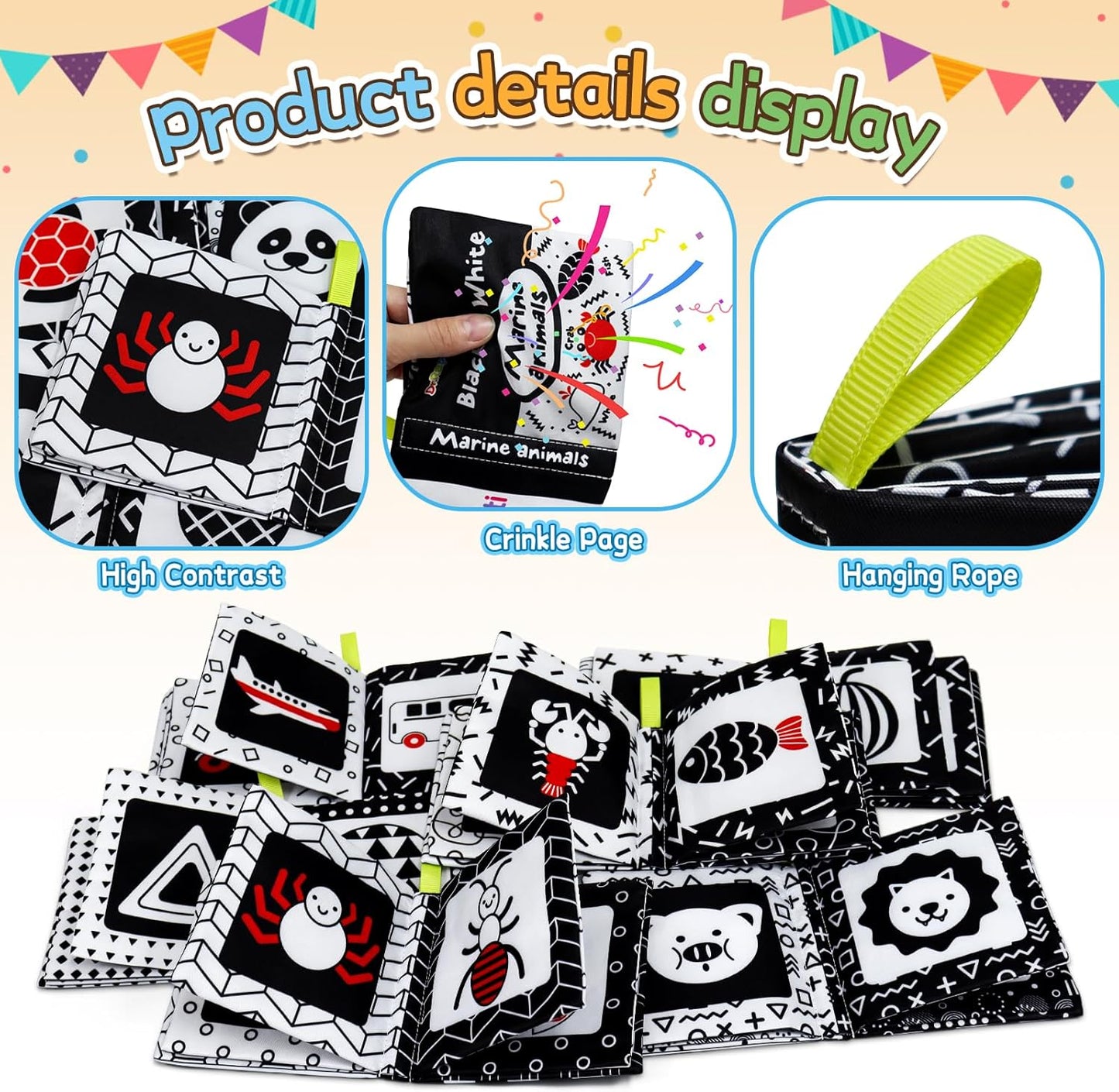 Dr.Rapeti Soft Cloth Books Baby Books Bath Books 6-Pack for Baby Infant Toddler Kids High Contrast Black and White Crinkle Washable Chewable Non-Toxic Early Educational Giftable