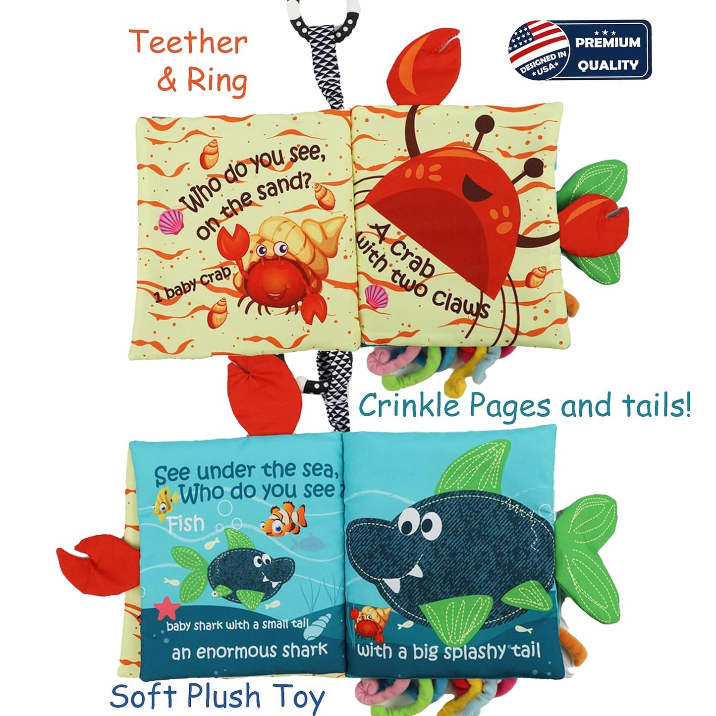 Fish Baby Book 0-6 Months,Touch Feel Cloth Crinkle Books for Babies,Infant Baby Toys 6-12 Months,Learning Education Soft Sensory Mirror Toy,Teether,Shower Gifts for Boys Girls-Gift Box
