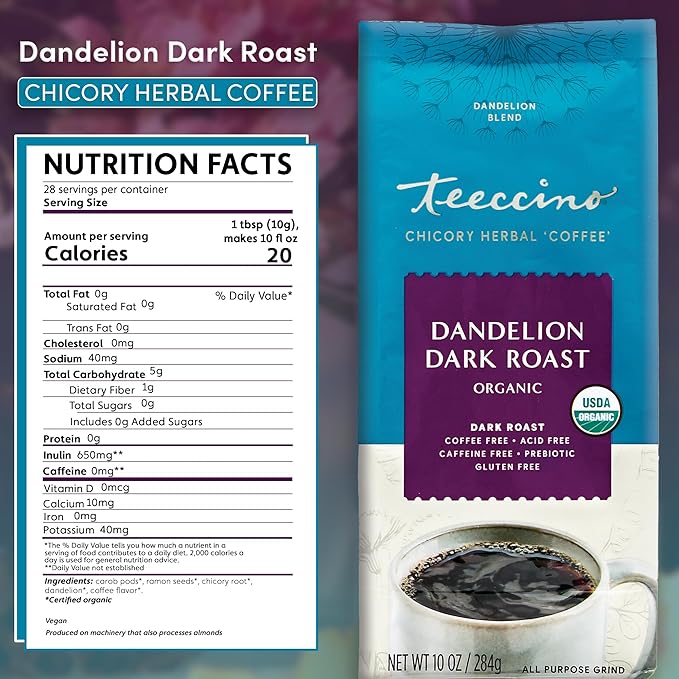 Teeccino Dandelion Dark Roast Herbal Coffee - 10 oz - Caffeine-Free Coffee Alternative with Prebiotics, Gluten Free, Acid Free, Organic