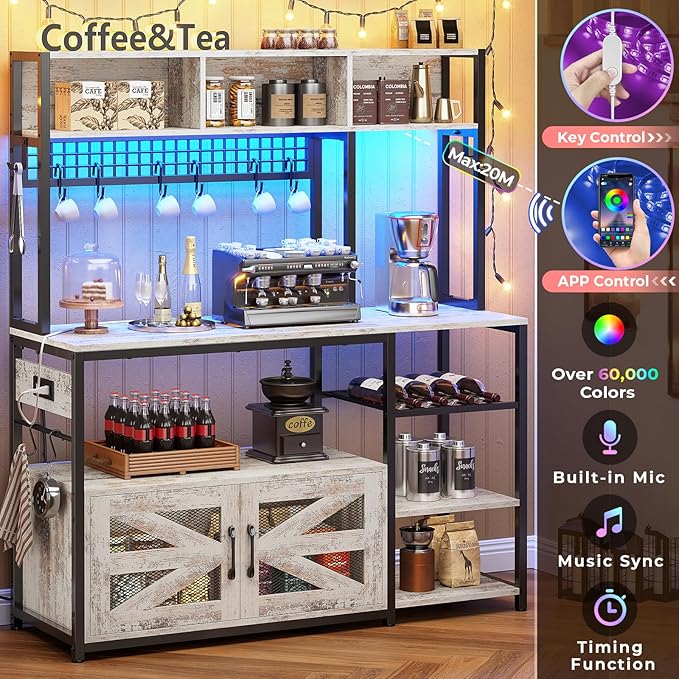 Itaar 47.2 Inch Bakers Rack with Power Outlet, Microwave Stand with Storage, Farmhouse Coffee Bar Cabinet Station with Wine Rack, Iron Grid and 8-S Hooks, Vintage White