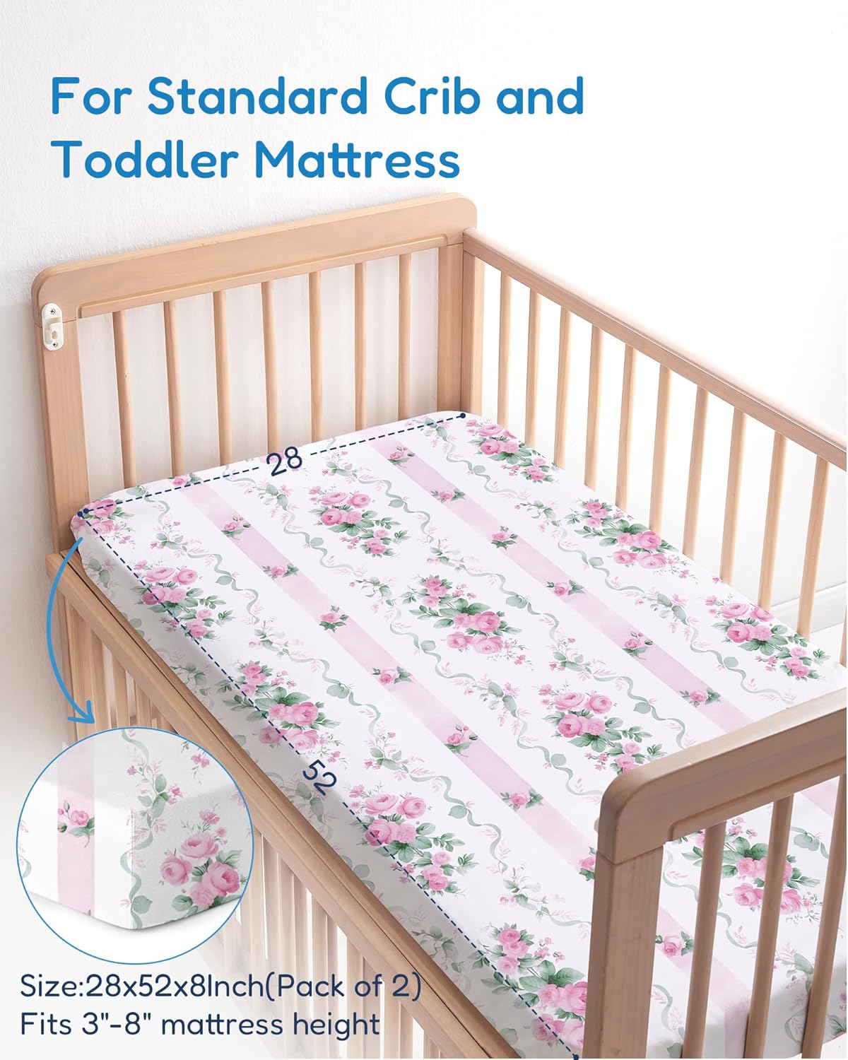 Baby Crib Sheets for Standard Crib Mattress - Pink Roses Pattern, Breathable and Soft, Safe and Snug, Fits 28''x52''x9'' Deep Pocket