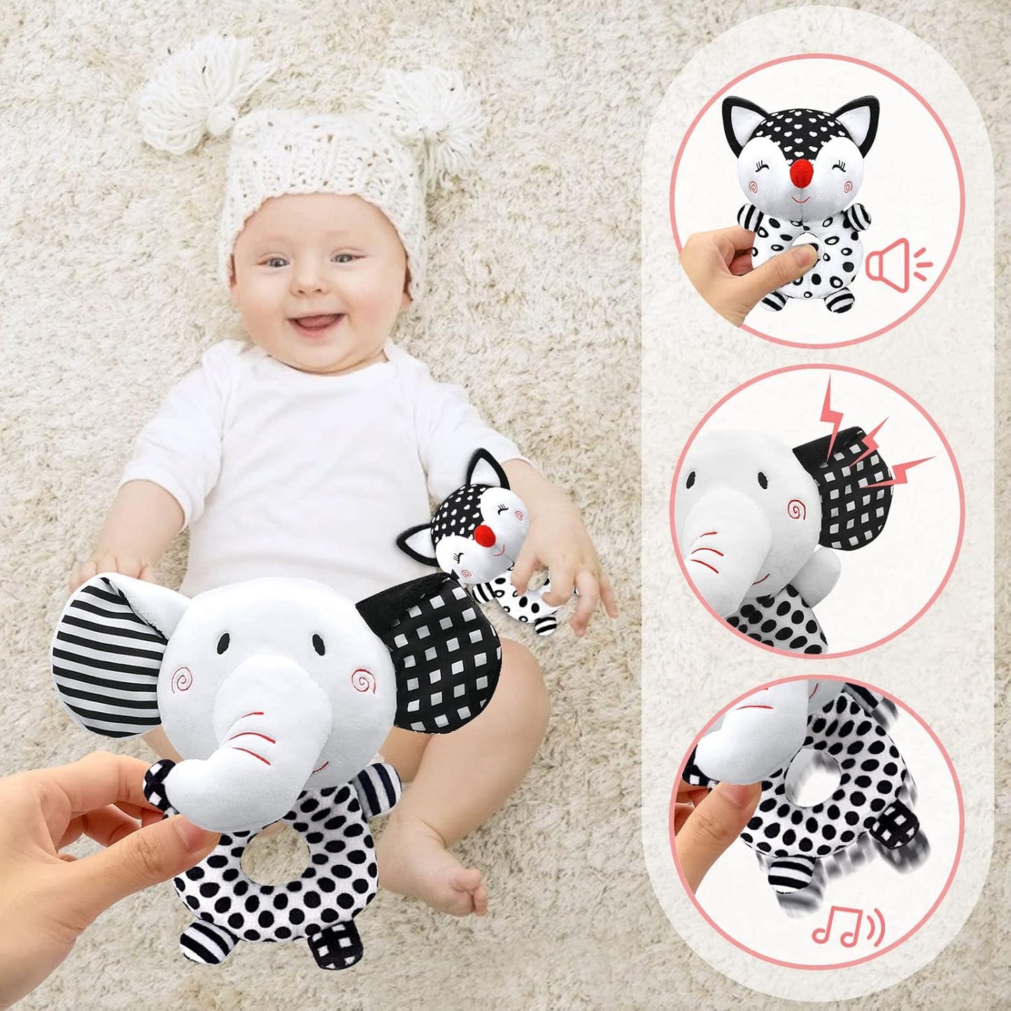 Baby Rattles 0-6 Months Newborn Toys Baby Toys 0-6 Months Rattles for Babies 0-6 Months Infant Toys 0-3 Months, Black & White High Contrast Baby Toys Plush Stuffed Toys for 0 3 6 9 12 Months Girl Boy