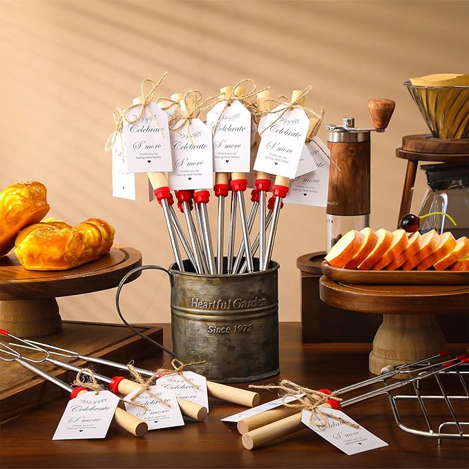 48 Sets S'mores Party Favor Includes Smores Sticks for Fire Pit Celebrate Smore Birthday Party Favors Tags with String Extendable Marshmellow Sticks Smores Skewers for Wedding Camping