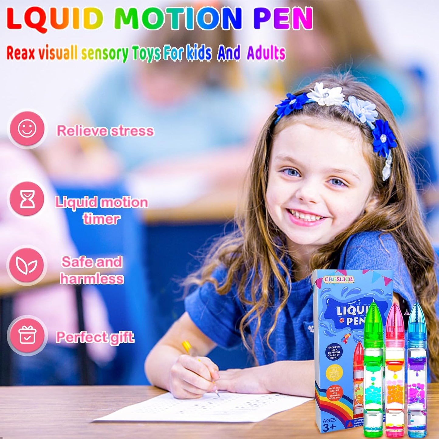5PCS Liquid Pens Easter Basket Stuffers for Kids, Liquid Motion Bubble Fun Cool Pens Autism ADHD Anxiety Stress Relief Tools Quiet Fidget Sensory Autistic Toys Desk Toys Gift for Boys Girls