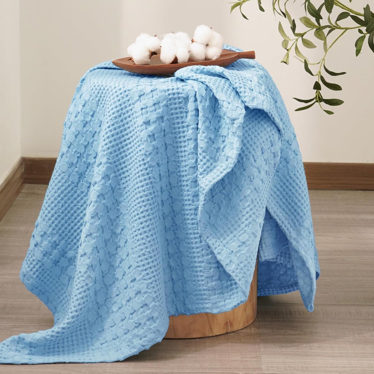 PHF 100% Cotton Waffle Weave Throw Blanket, Soft Lightweight Breathable Cozy Summer Throws for Couch Bed Sofa, Luxury Aesthetic Woven Blanket for Home Decor & Office, 50"x60", Sky Blue