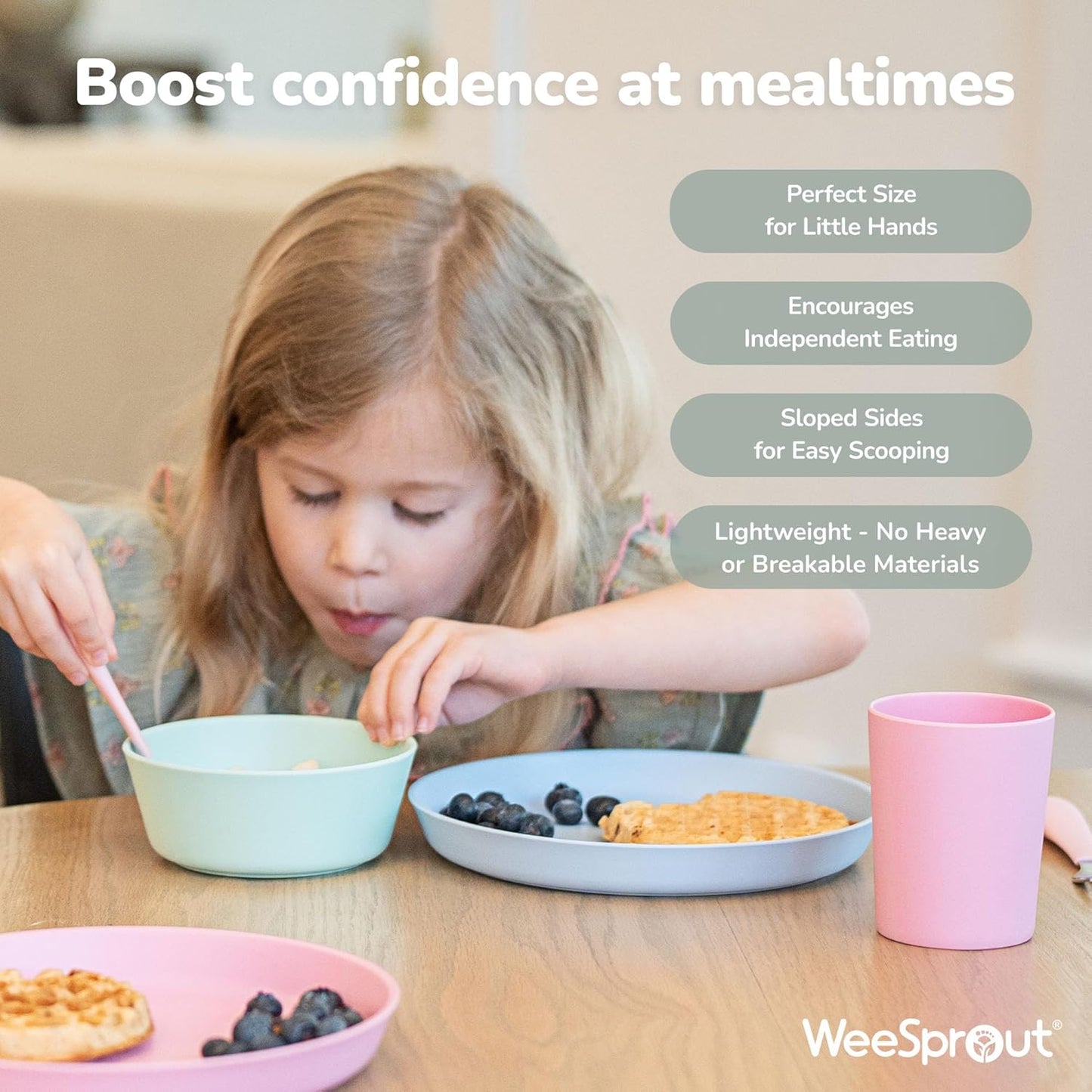 WeeSprout Bamboo Kids Bowls, Set of Four 10 oz Kid-Sized Dinnerware, Cereal, Leftovers & Snack Bowl, Dishwasher Safe (Pink, Green, Gray, & Beige)