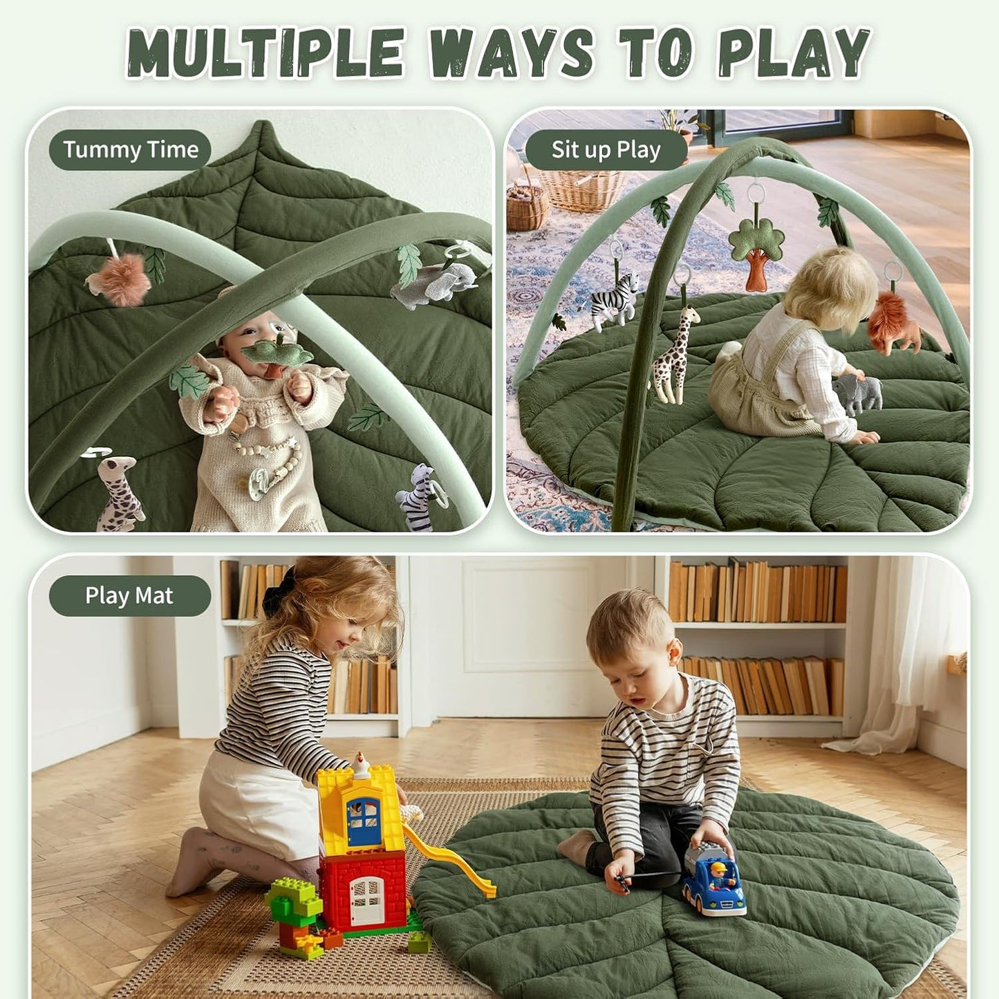 Baby Play Gym with Mat Leaf Shaped, Baby Play Mat with 6 Hanging Toys Tummy Time Mat, Baby Gym Activity Center, Washable (Green)