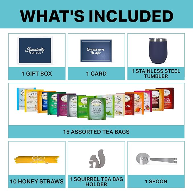 Tea Gifts for Women – Sampler Gift Basket with 15 Unique Blends, Honey Sticks, Stainless Tumbler & Gift-Ready Box (Blue/Blue box)