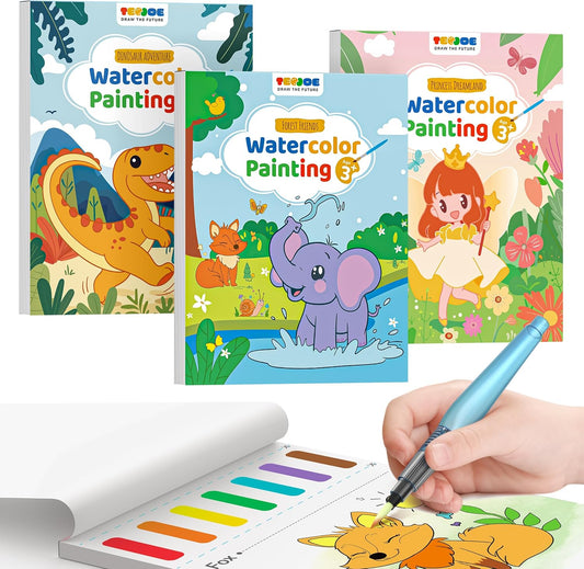 TECJOE 3 Pack Paint With Water Coloring Books for Toddlers, Watercolor Paint Set with 6 Brushes, Painting Activity for Kids Ages 4-8, Christmas Gift arts & Crafts Toy, Princess, Dinosaur & Forest