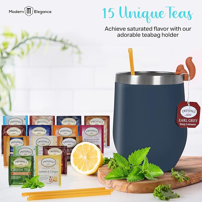 Tea Gift Sets for Tea Lovers Women and Men Tumbler 15 Unique Teas 10 Honey Straws (Decaffeinated)