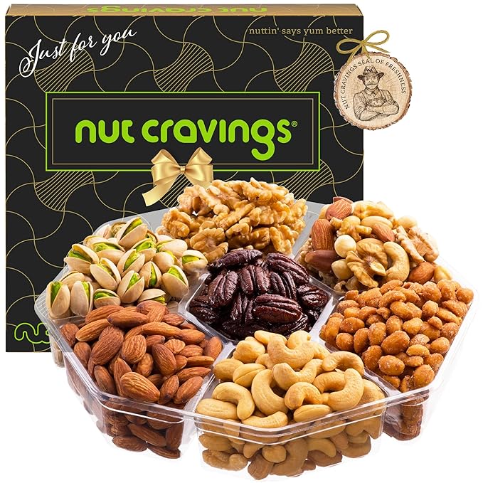 NUT CRAVINGS - Thanksgiving Mixed Nuts Gift Basket in Black Gold Box (7 Assortments, 2 LB) Holiday Xmas Christmas Food Arrangement, Healthy Snack Care Package, Food Assortments