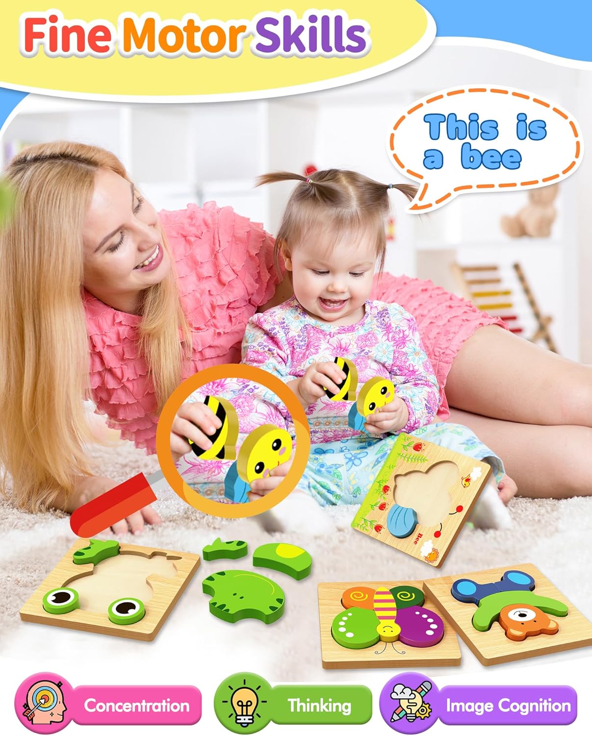 Bekayshad Wooden Puzzles Toddler Toys Gifts for 1 2 3 Year Old Boys Girls, 4 Pack Animal Jigsaw Puzzles Montessori Toys, Learning Educational Christmas Birthday Gifts for Girls Boys Ages 1-3