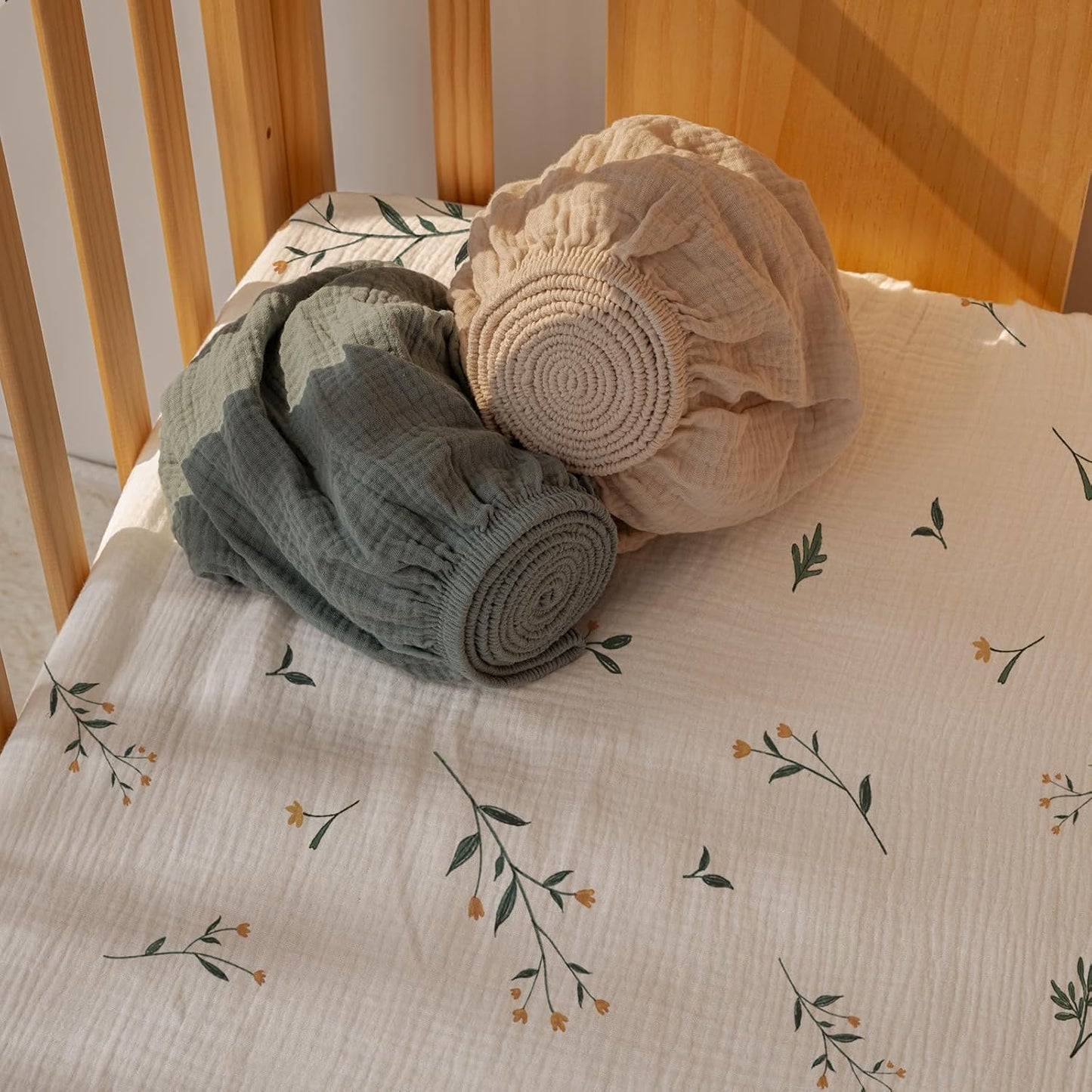 Gllquen Baby Muslin Mini Crib Sheets 3 Pack, Breathable Pack and Play Sheets Fitted Soft Cozy Cotton Pack N Play Sheets for Baby Boy Girls, Universal Fitted Mini Crib Mattresses 38"x26" (Green)